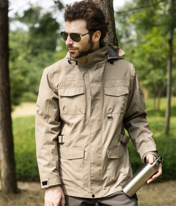 Outdoor Multi Pocket Men's Windbreaker Jacket with Thickened Fleece Waterproof and Breathable Mountaineering Suit Jacket Outwear